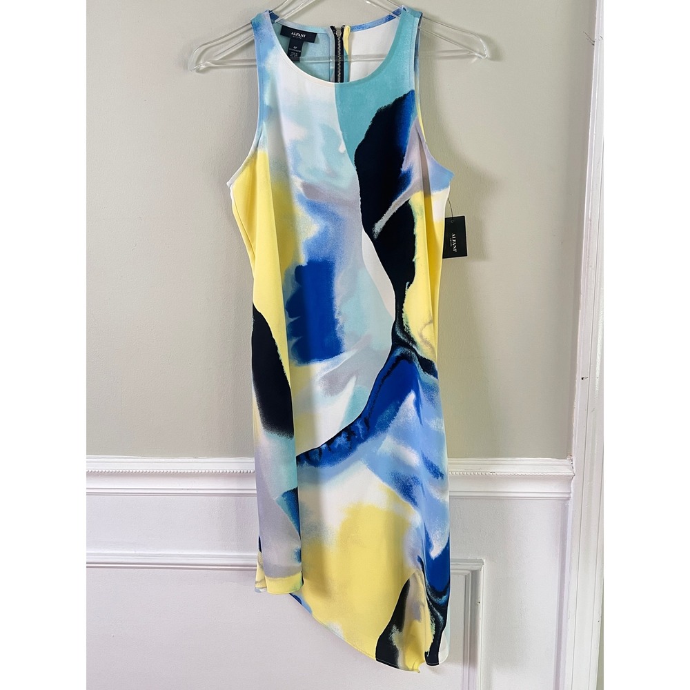 Alfani Shift Dress 6P Womens Asymmetrical Hem Abstract Tint Multicolor Modern
